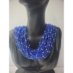 Vintage Necklace Beaded Multi Strand Blue White Silver Tone Jewelry Costume